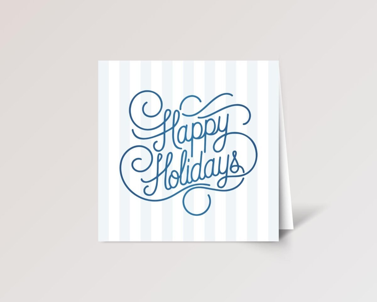 Blue Happy Holidays Card with Blue Stripes, Square Christmas Card Pack and Envelopes