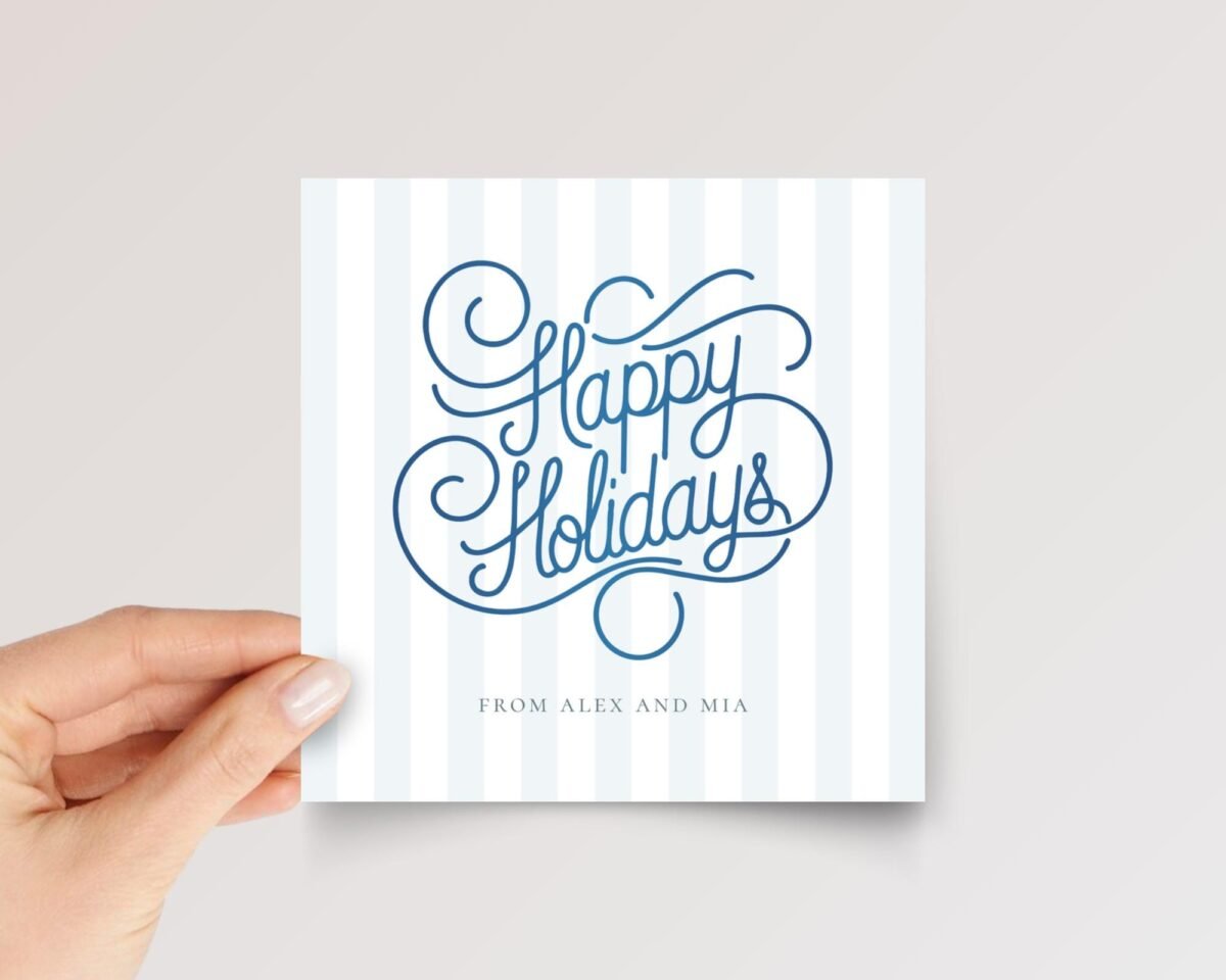 Blue Happy Holidays Card with Blue Stripes, Square Christmas Card Pack and Envelopes