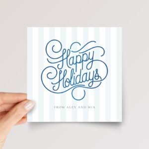 Blue Happy Holidays Card with Blue Stripes, Square Christmas Card Pack and Envelopes