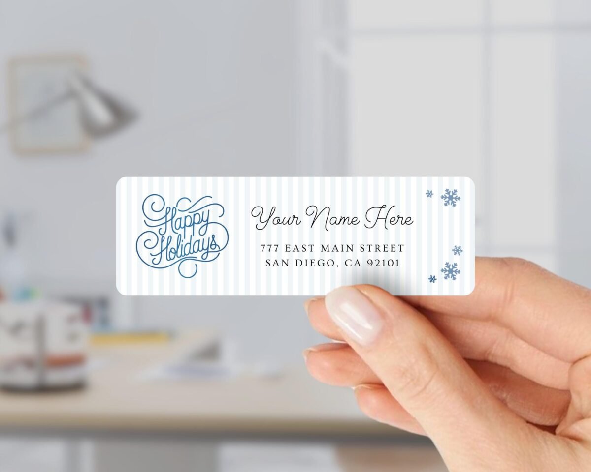Return Address Labels with Blue Happy Holidays Design, 18 Labels Per Sheet, 1 x 3 Inches