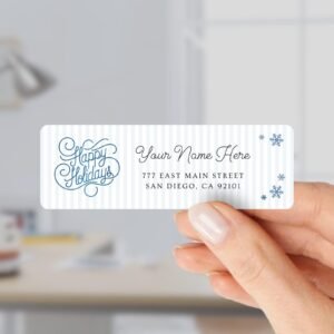 Return Address Labels with Blue Happy Holidays Design, 18 Labels Per Sheet, 1 x 3 Inches