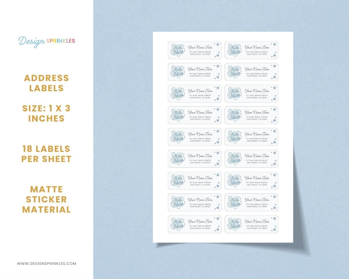 Return Address Labels with Blue Happy Holidays Design, 18 Labels Per Sheet, 1 x 3 Inches