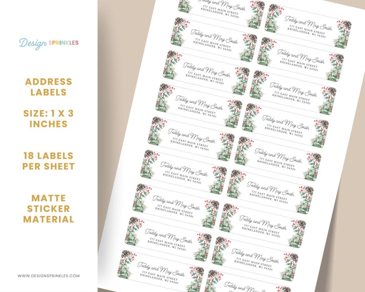 Christmas Return Address Labels with Pinecones, Includes 18 Labels/Sticker Sheet, 1 x 3 inches