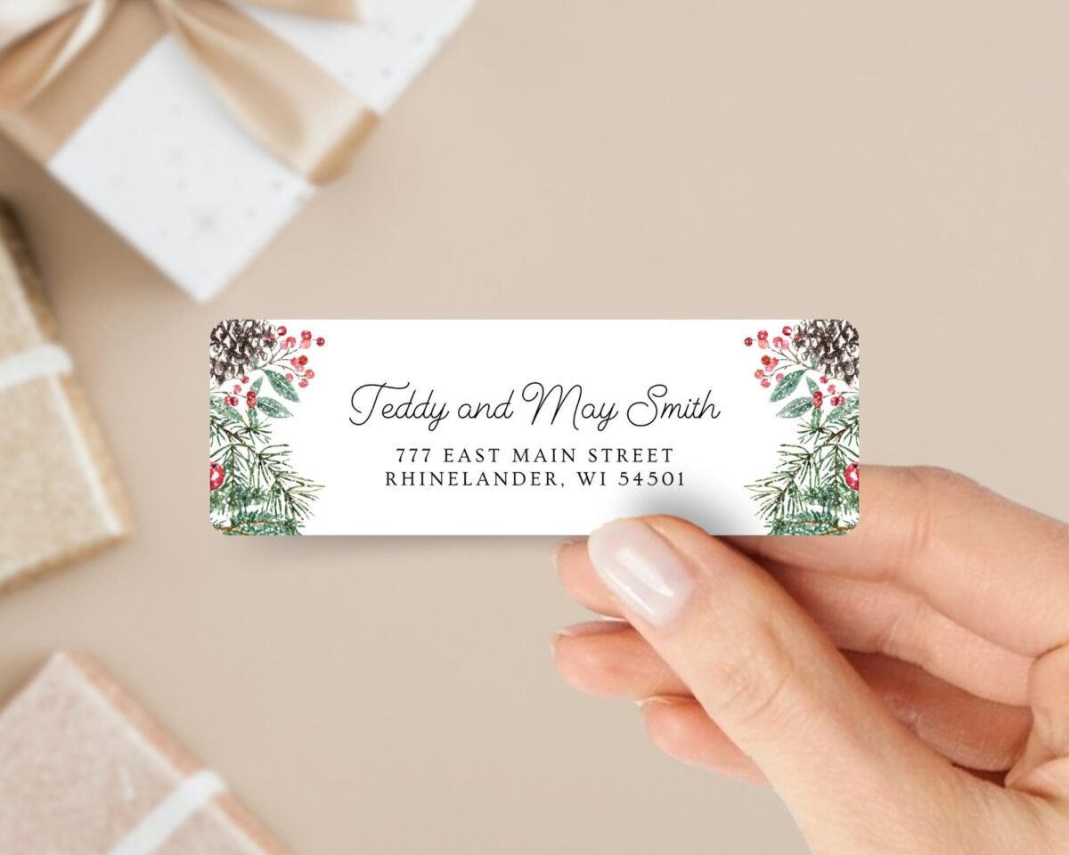 Christmas Return Address Labels with Pinecones, Includes 18 Labels/Sticker Sheet, 1 x 3 inches