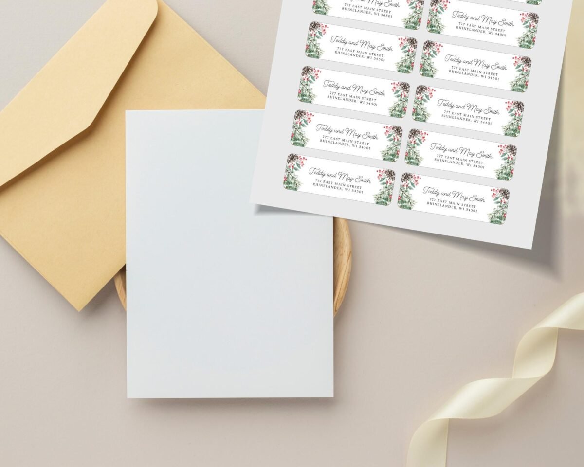 Christmas Return Address Labels with Pinecones, Includes 18 Labels/Sticker Sheet, 1 x 3 inches