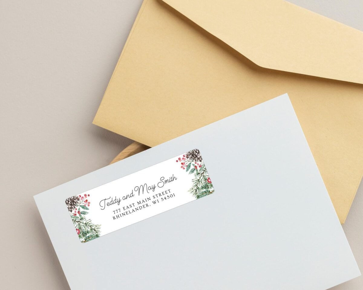 Christmas Return Address Labels with Pinecones, Includes 18 Labels/Sticker Sheet, 1 x 3 inches