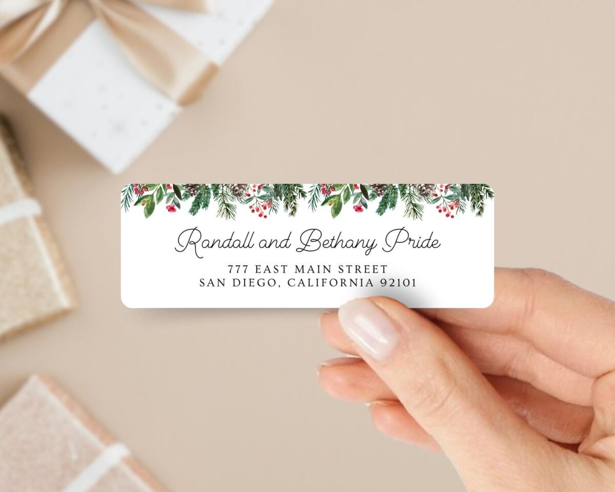 Christmas Return Address Labels with Pine Florals, Includes 18 Labels/Sticker Sheet, 1 x 3 inches