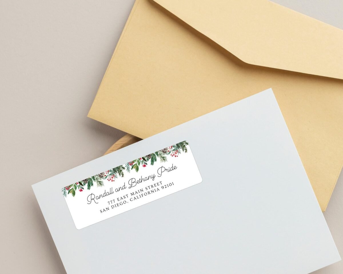 Christmas Return Address Labels with Pine Florals, Includes 18 Labels/Sticker Sheet, 1 x 3 inches