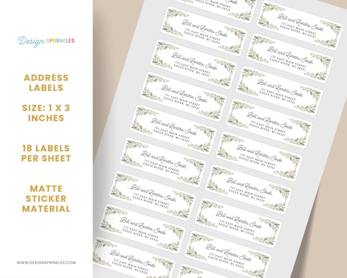 Christmas Return Address Labels with Mistletoe Design, Includes 18 Labels/Sticker Sheet, 1 x 3 inches