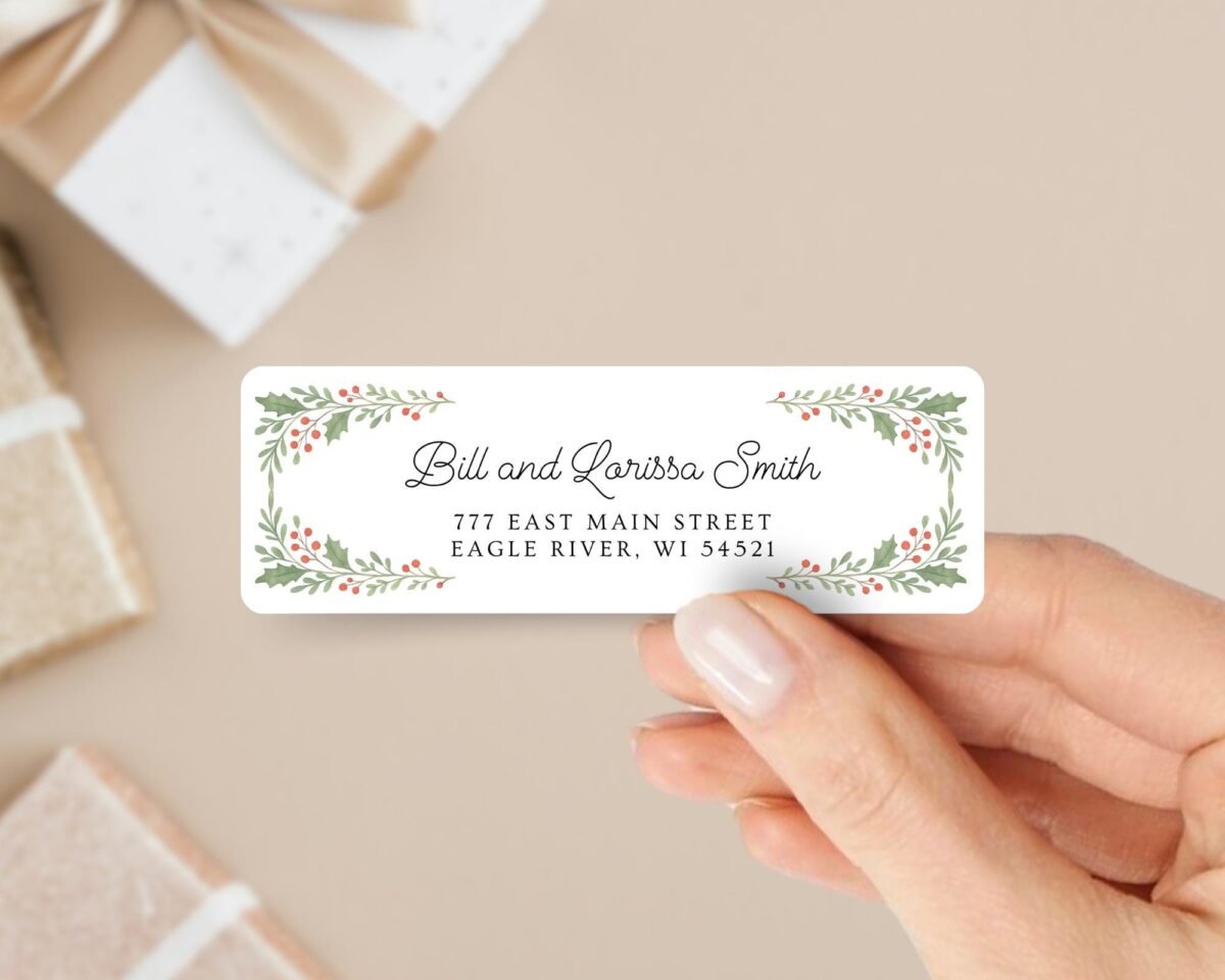 Christmas Return Address Labels with Mistletoe Design, Includes 18 Labels/Sticker Sheet, 1 x 3 inches