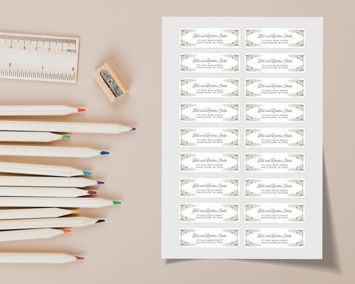 Christmas Return Address Labels with Mistletoe Design, Includes 18 Labels/Sticker Sheet, 1 x 3 inches