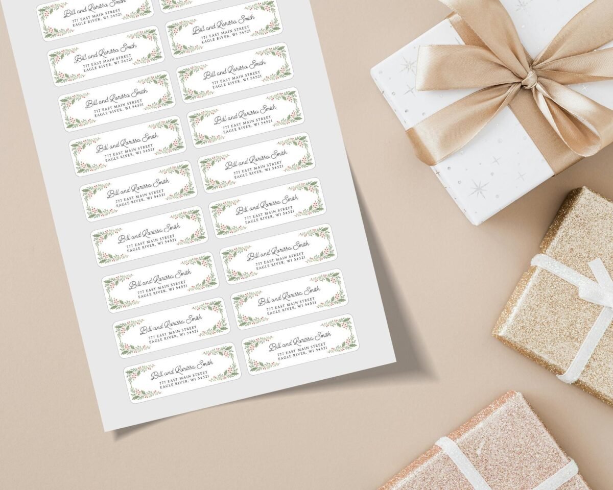 Christmas Return Address Labels with Mistletoe Design, Includes 18 Labels/Sticker Sheet, 1 x 3 inches