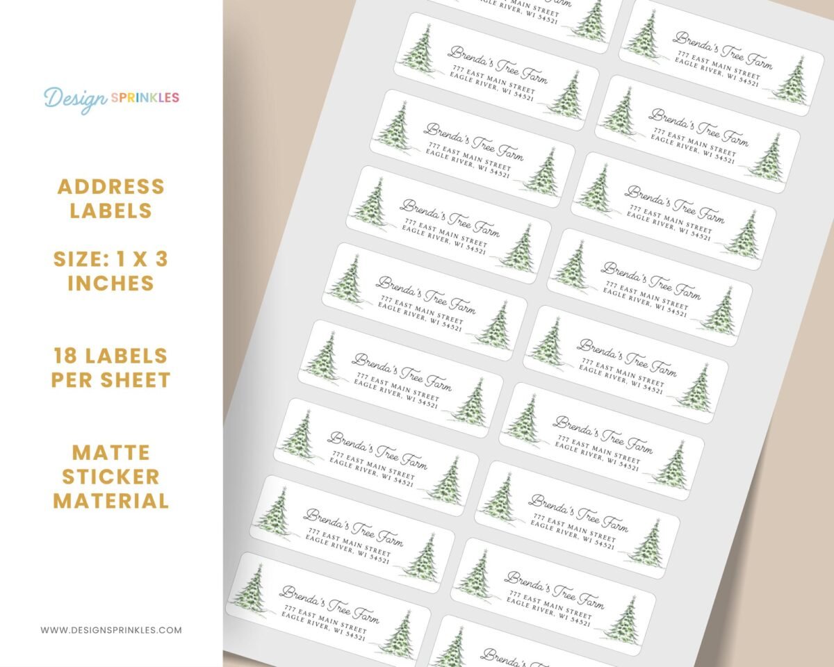 Christmas Return Address Labels with Pine Trees, Includes 18 Labels/Sticker Sheet, 1 x 3 inches