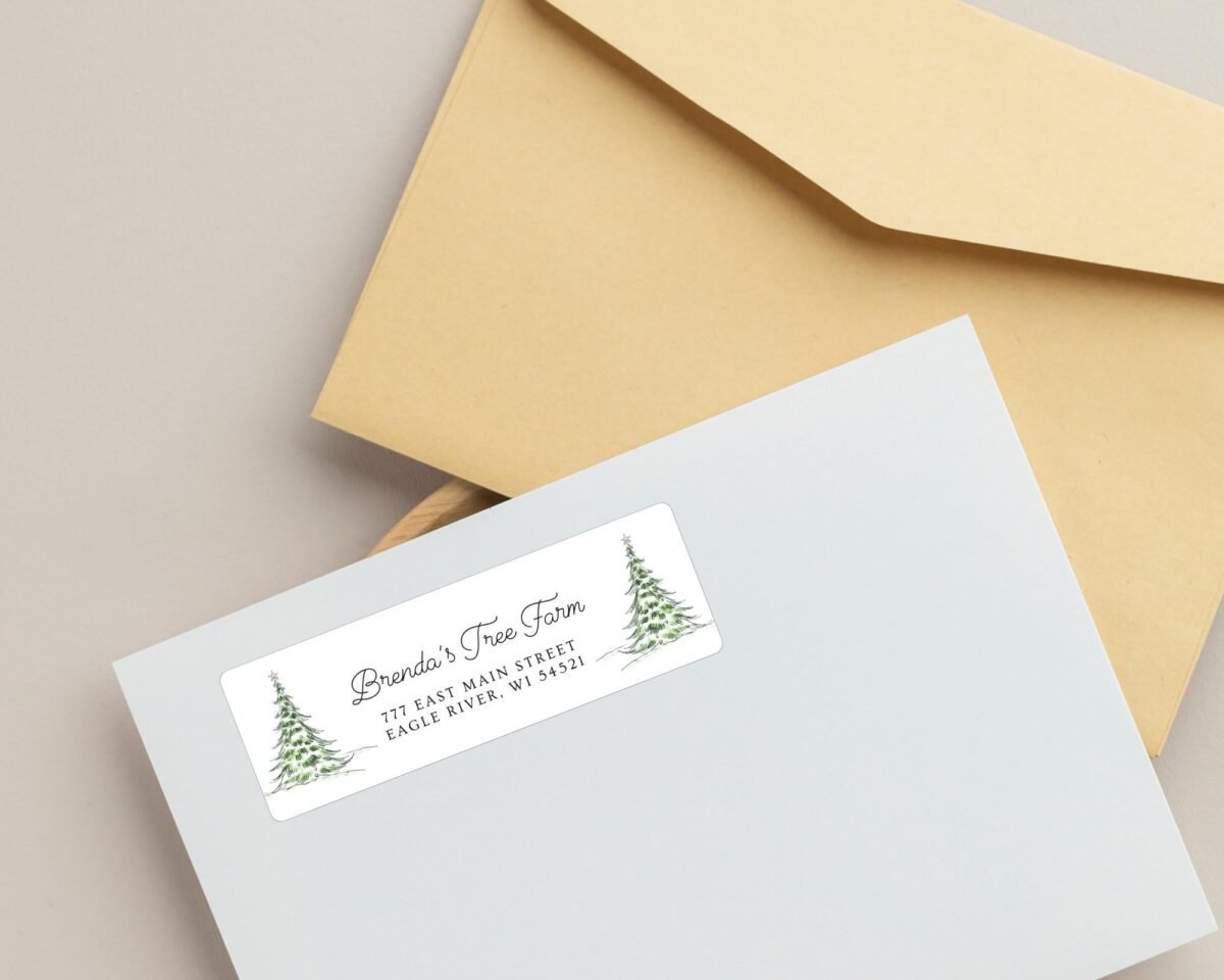 Christmas Return Address Labels with Pine Trees, Includes 18 Labels/Sticker Sheet, 1 x 3 inches