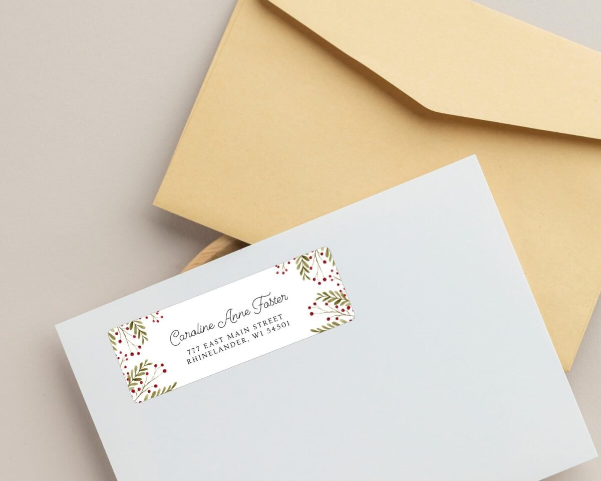 Christmas Return Address Labels with Winter Florals, Includes 18 Labels/Sticker Sheet, 1 x 3 inches