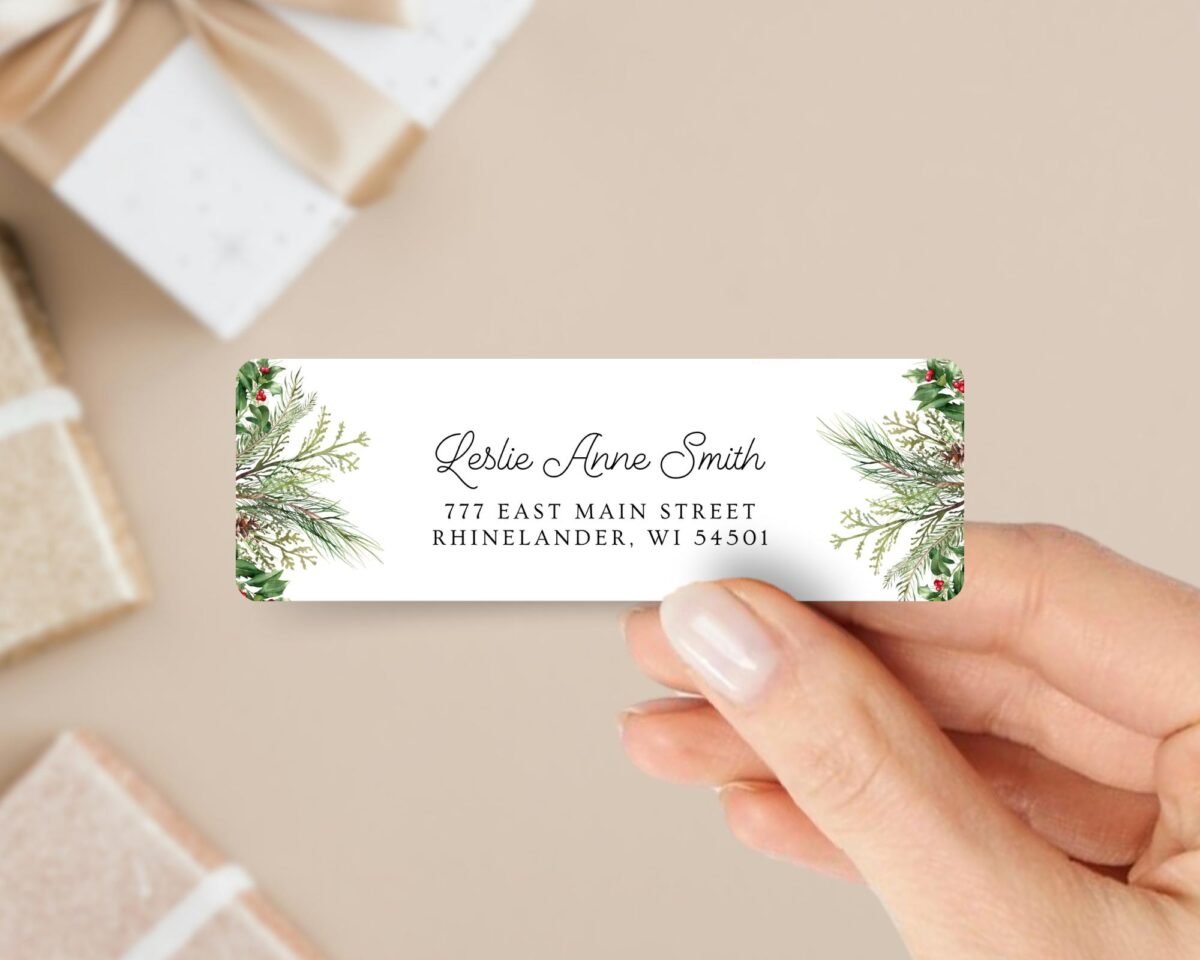 Christmas Return Address Labels with Winter Pine, Includes 18 Labels/Sticker Sheet, 1 x 3 inches