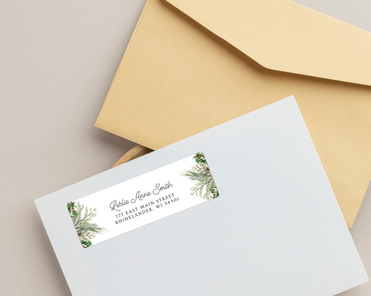 Christmas Return Address Labels with Winter Pine, Includes 18 Labels/Sticker Sheet, 1 x 3 inches