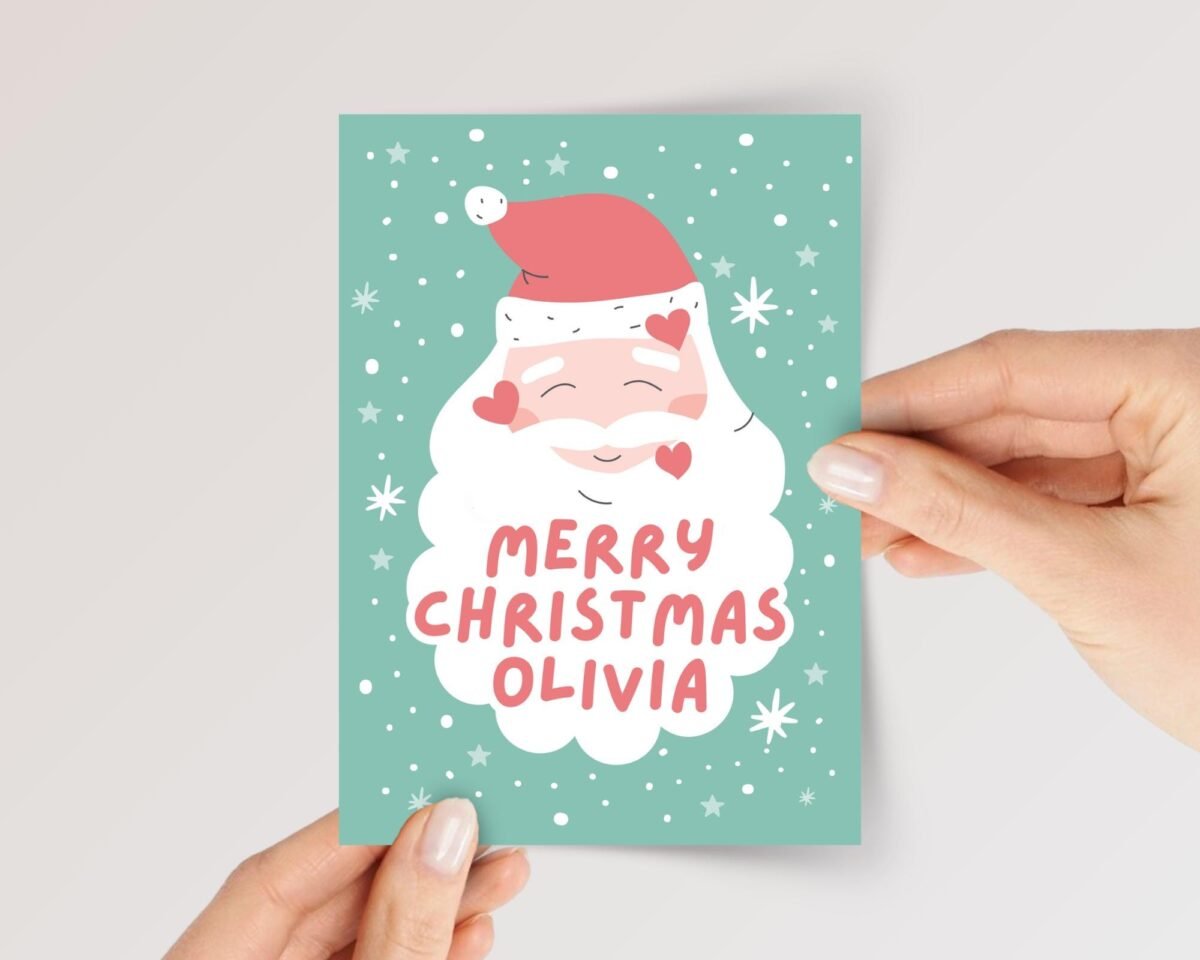 Personalized Christmas Card With Jolly Santa, 5 x 7 Holiday Greeting with Name for Kids, Christmas Gift