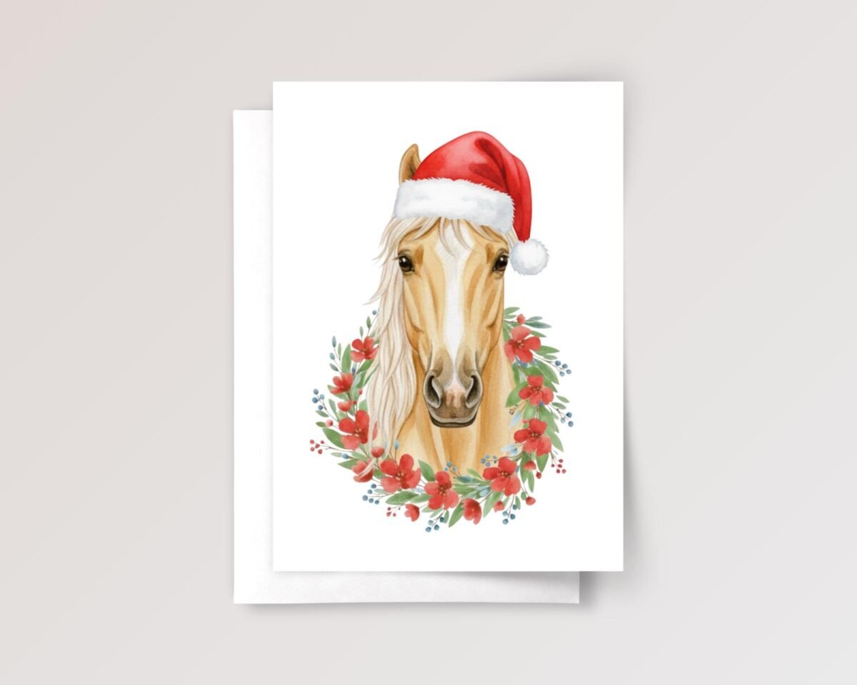 Horse Christmas Card with Wreath and Santa Hat, 5 x 7 Holiday Greeting Card