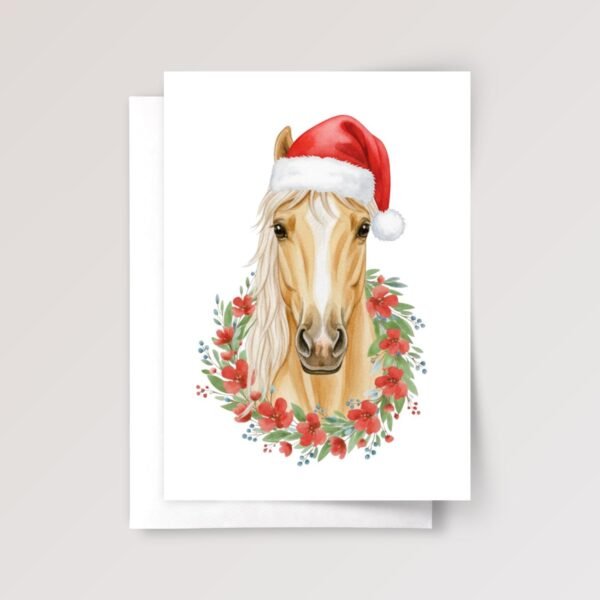 Horse Christmas Card with Wreath and Santa Hat, 5 x 7 Holiday Greeting Card