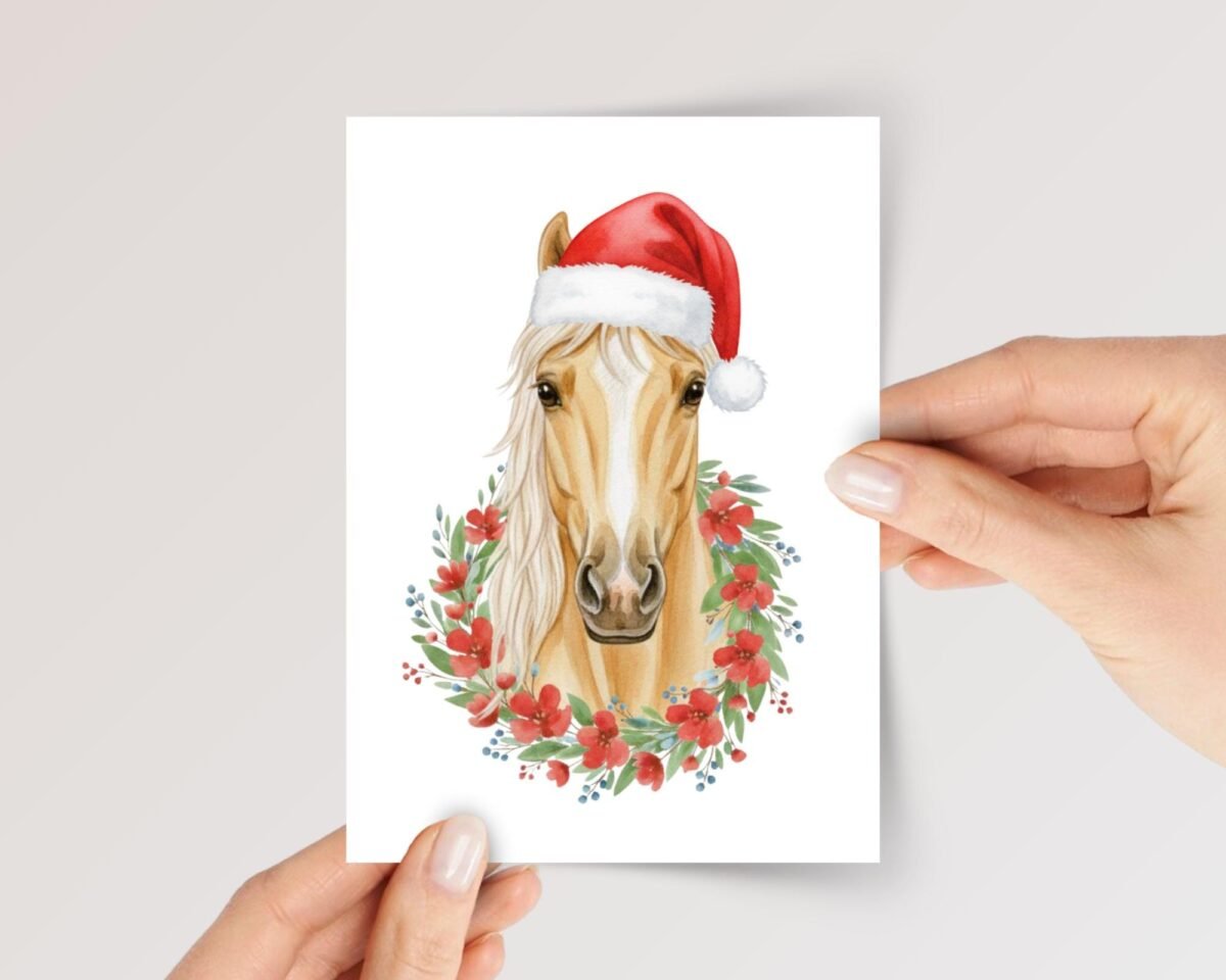 Horse Christmas Card with Wreath and Santa Hat, 5 x 7 Holiday Greeting Card