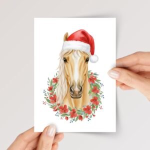 Horse Christmas Card with Wreath and Santa Hat, 5 x 7 Holiday Greeting Card