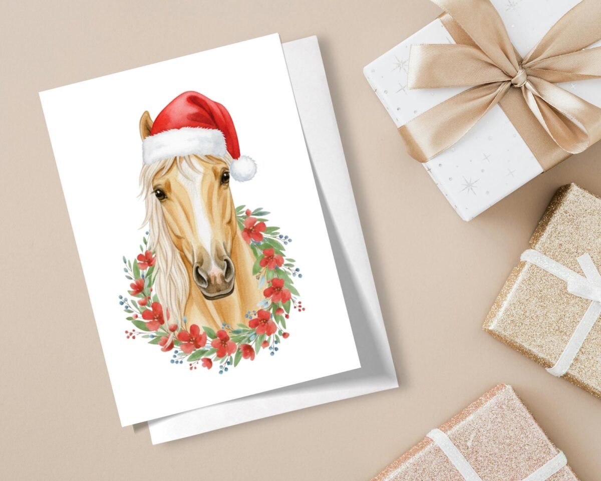 Horse Christmas Card with Wreath and Santa Hat, 5 x 7 Holiday Greeting Card