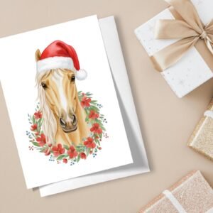 Horse Christmas Card with Wreath and Santa Hat, 5 x 7 Holiday Greeting Card