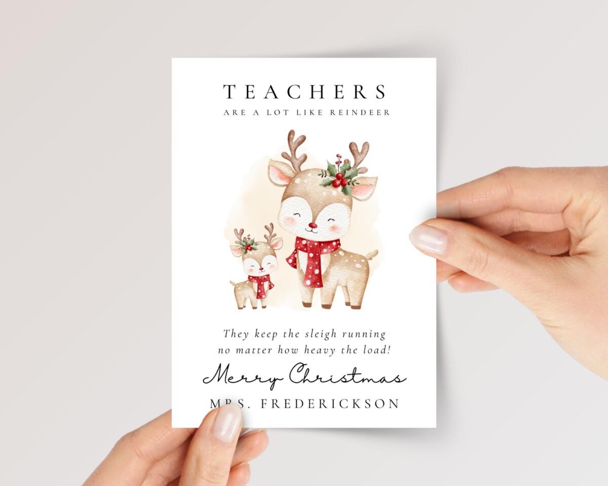 Personalized Christmas Card for Teacher, 5 x 7 Reindeer Greeting Card, Christmas Gift for Teacher