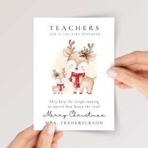 Personalized Christmas Card for Teacher, 5 x 7 Reindeer Greeting Card, Christmas Gift for Teacher