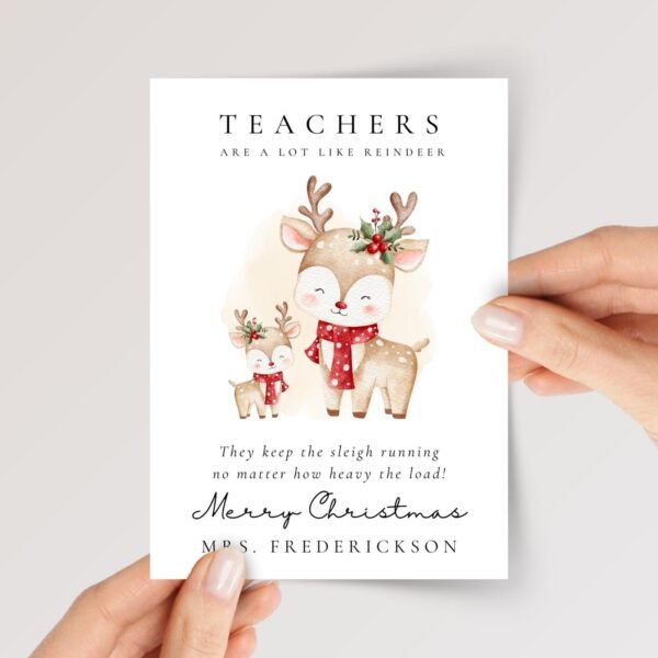 Personalized Christmas Card for Teacher, 5 x 7 Reindeer Greeting Card, Christmas Gift for Teacher