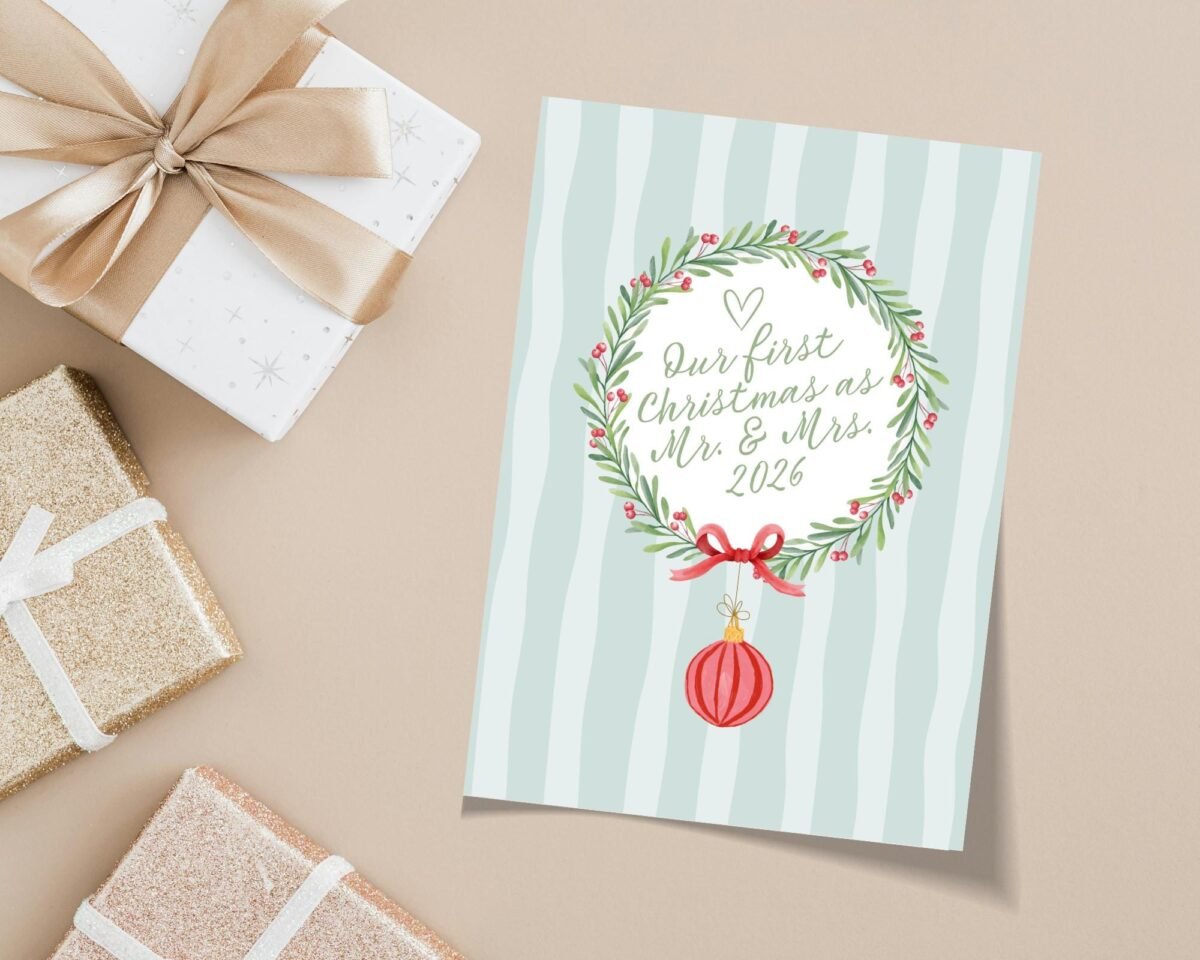 Our First Christmas Card for Husband and Wife, Floral Wreath 5x 7 Greeting Card and Envelope
