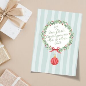 Our First Christmas Card for Husband and Wife, Floral Wreath 5x 7 Greeting Card and Envelope