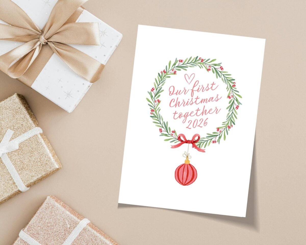 2026 Christmas Card for Couple with Floral Wreath, 5x 7 Greeting Card and Envelope
