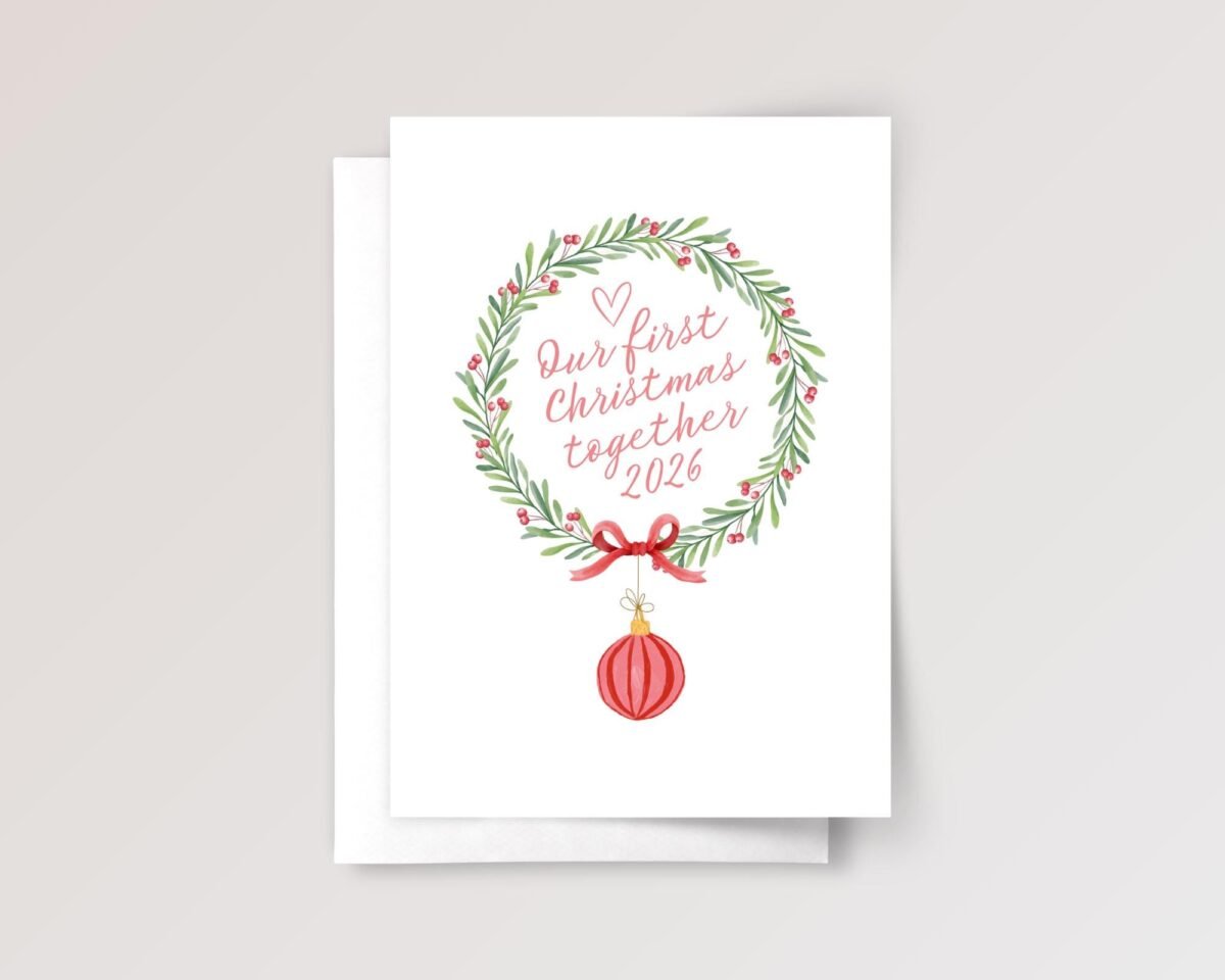 2026 Christmas Card for Couple with Floral Wreath, 5x 7 Greeting Card and Envelope