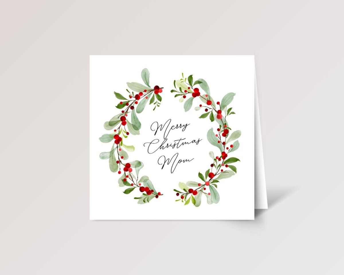 Christmas Card for Mom with Watercolor Wreath, 5 1/4 Inch Square Greeting Card
