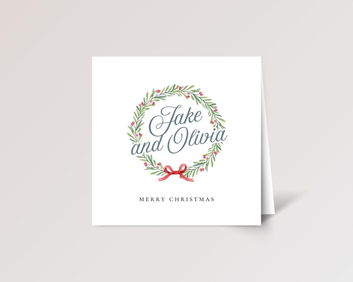 Personalized Christmas Card for Couple with Wreath, 5 1/4 Inch Square Greeting Card