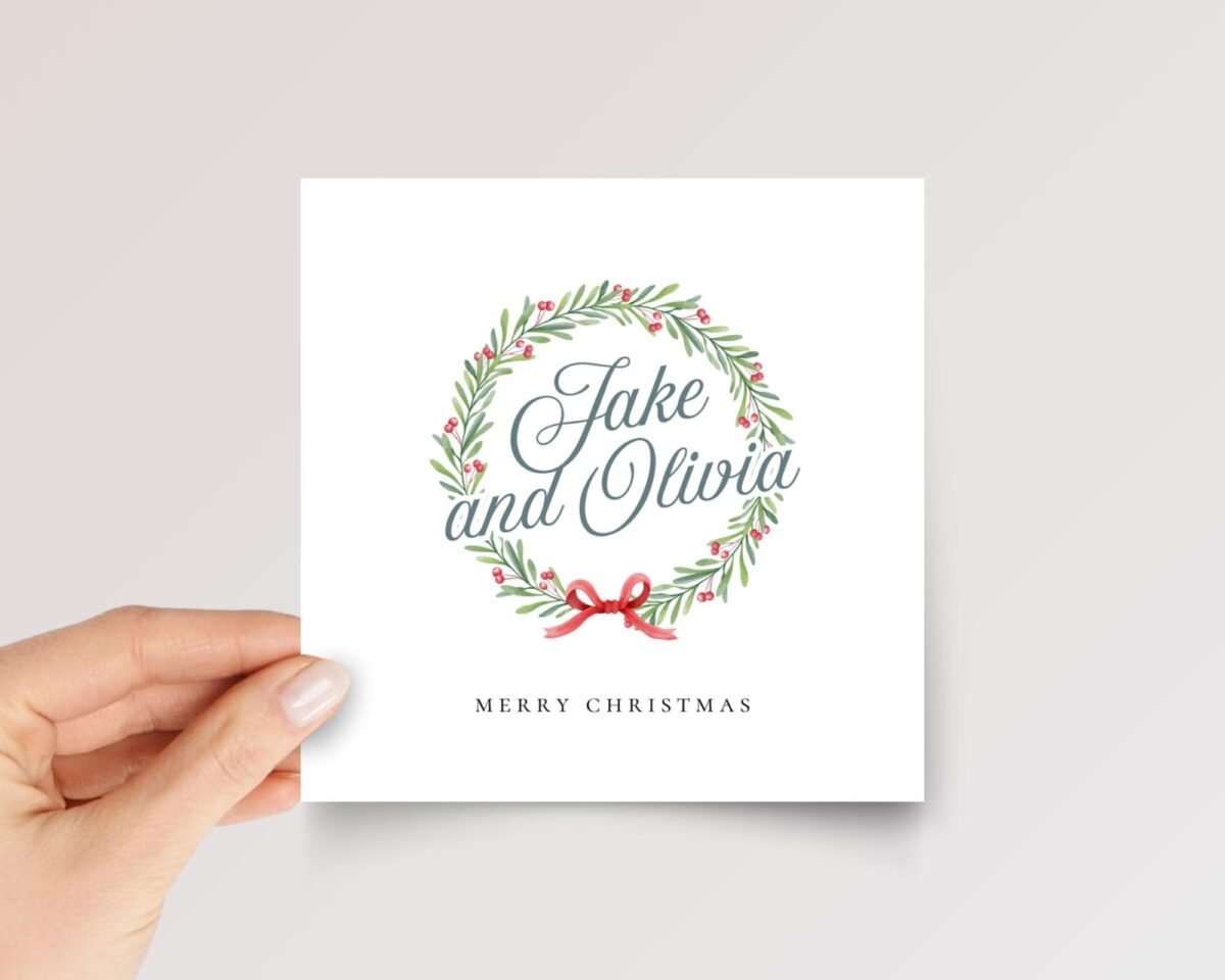 Personalized Christmas Card for Couple with Wreath, 5 1/4 Inch Square Greeting Card