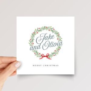 Personalized Christmas Card for Couple with Wreath, 5 1/4 Inch Square Greeting Card