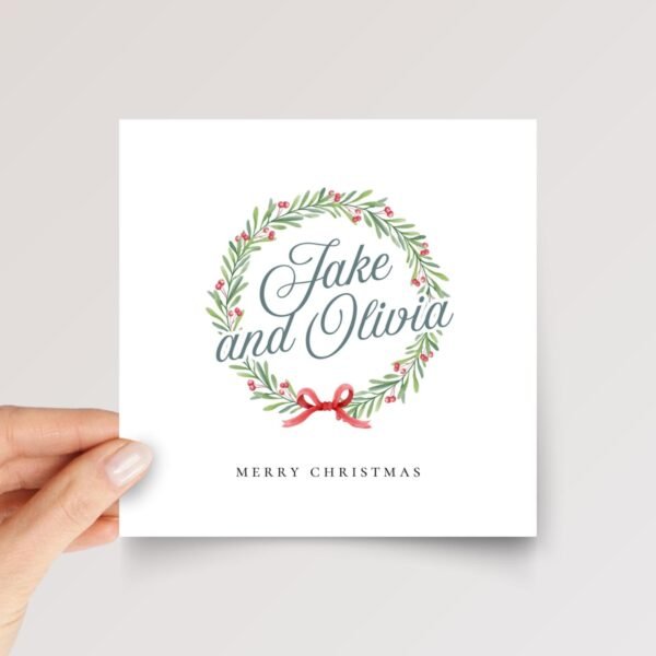 Personalized Christmas Card for Couple with Wreath, 5 1/4 Inch Square Greeting Card