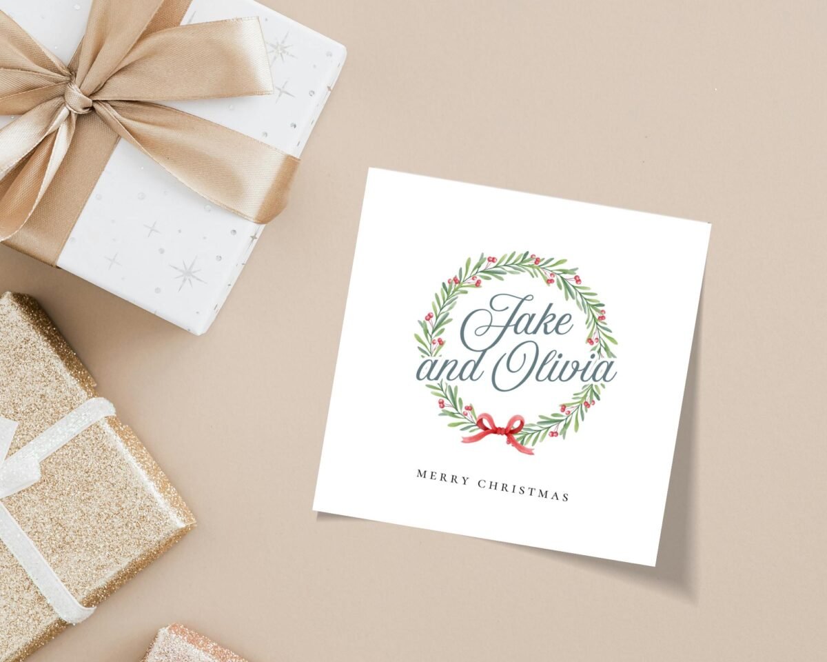 Personalized Christmas Card for Couple with Wreath, 5 1/4 Inch Square Greeting Card