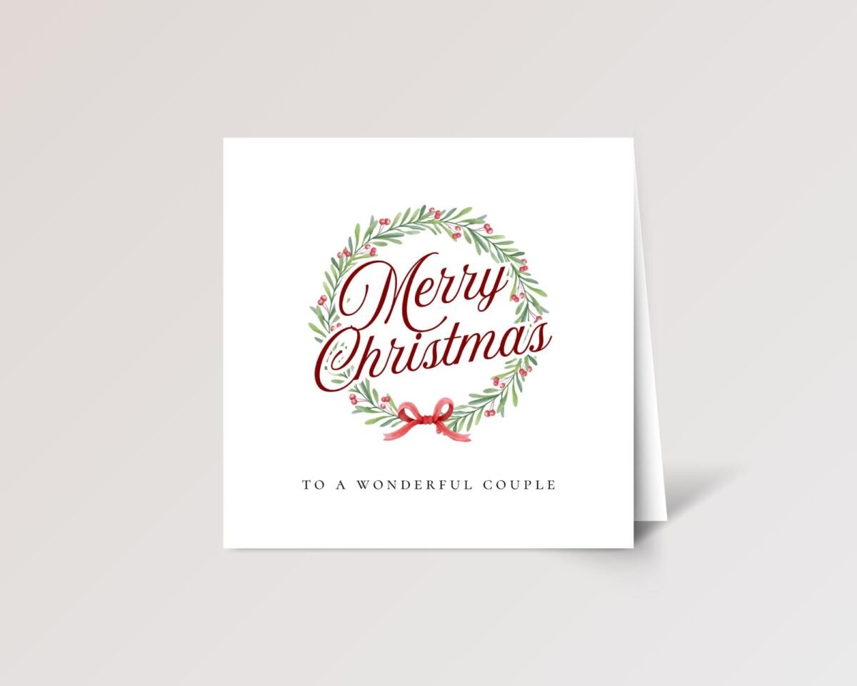 Personalized Christmas Card for Couple, Square Folded Greeting Card with Floral Wreath