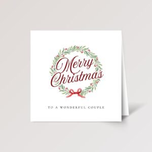 Personalized Christmas Card for Couple, Square Folded Greeting Card with Floral Wreath