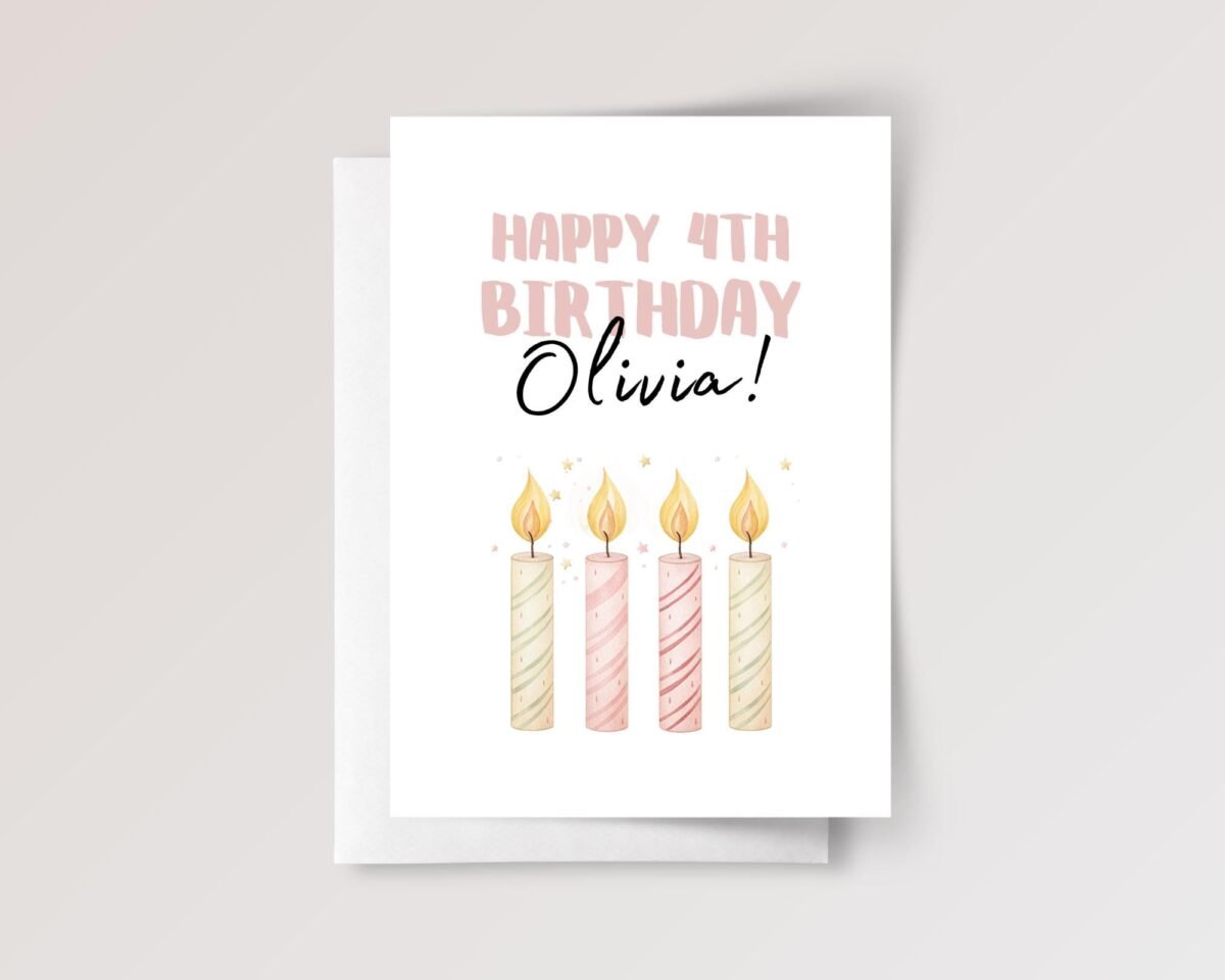Personalized 4th Birthday Card for Girl with Four Candles