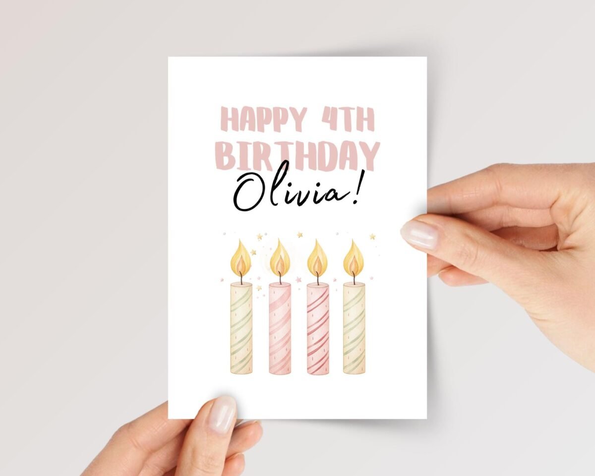 Personalized 4th Birthday Card for Girl with Four Candles