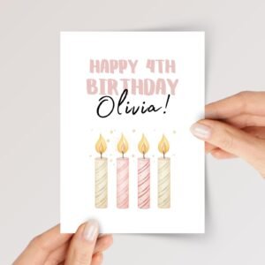 Personalized 4th Birthday Card for Girl with Four Candles