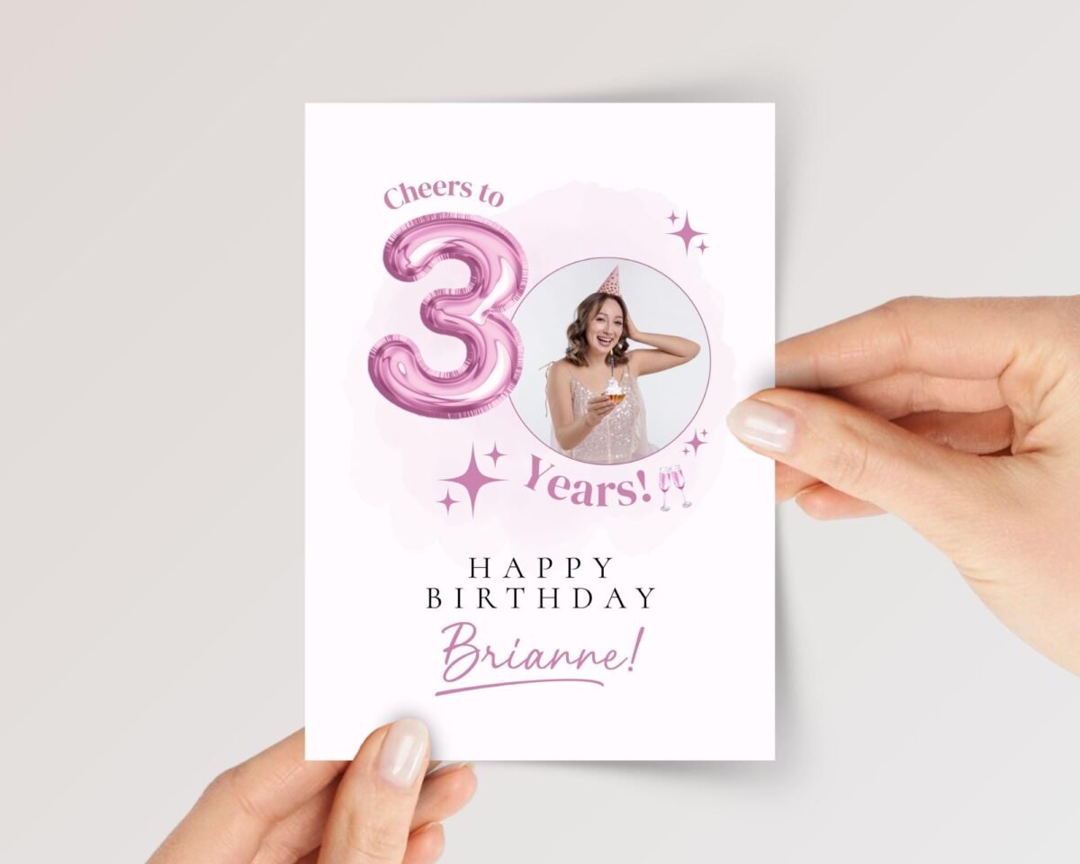 Personalized 30th Birthday Card with Photo and Pink Balloon, 5 x 7 Greeting Card