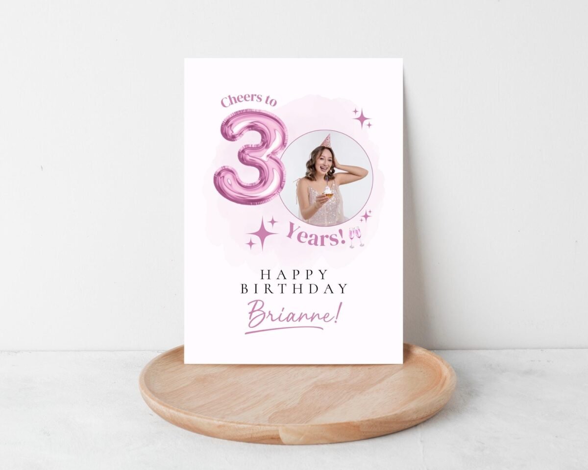 Personalized 30th Birthday Card with Photo and Pink Balloon, 5 x 7 Greeting Card