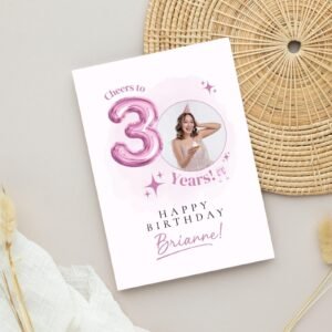 Personalized 30th Birthday Card with Photo and Pink Balloon, 5 x 7 Greeting Card