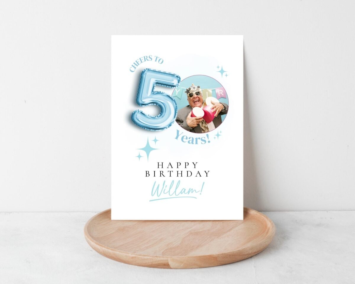 Personalized 50th Birthday Card with Photo and Teal Balloon, 5 x 7 Greeting Card Personalized 50th Birthday Card with Photo and Teal Balloon, 5 x 7 Greeting Card